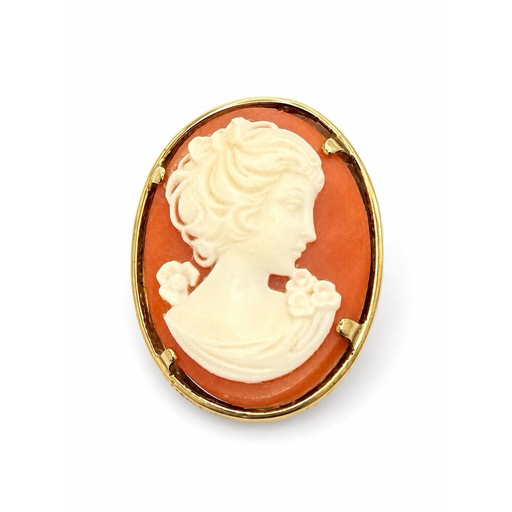 Vintage Brooch Napier Victorian Lovely Lady 1.8” Cameo Goldtone